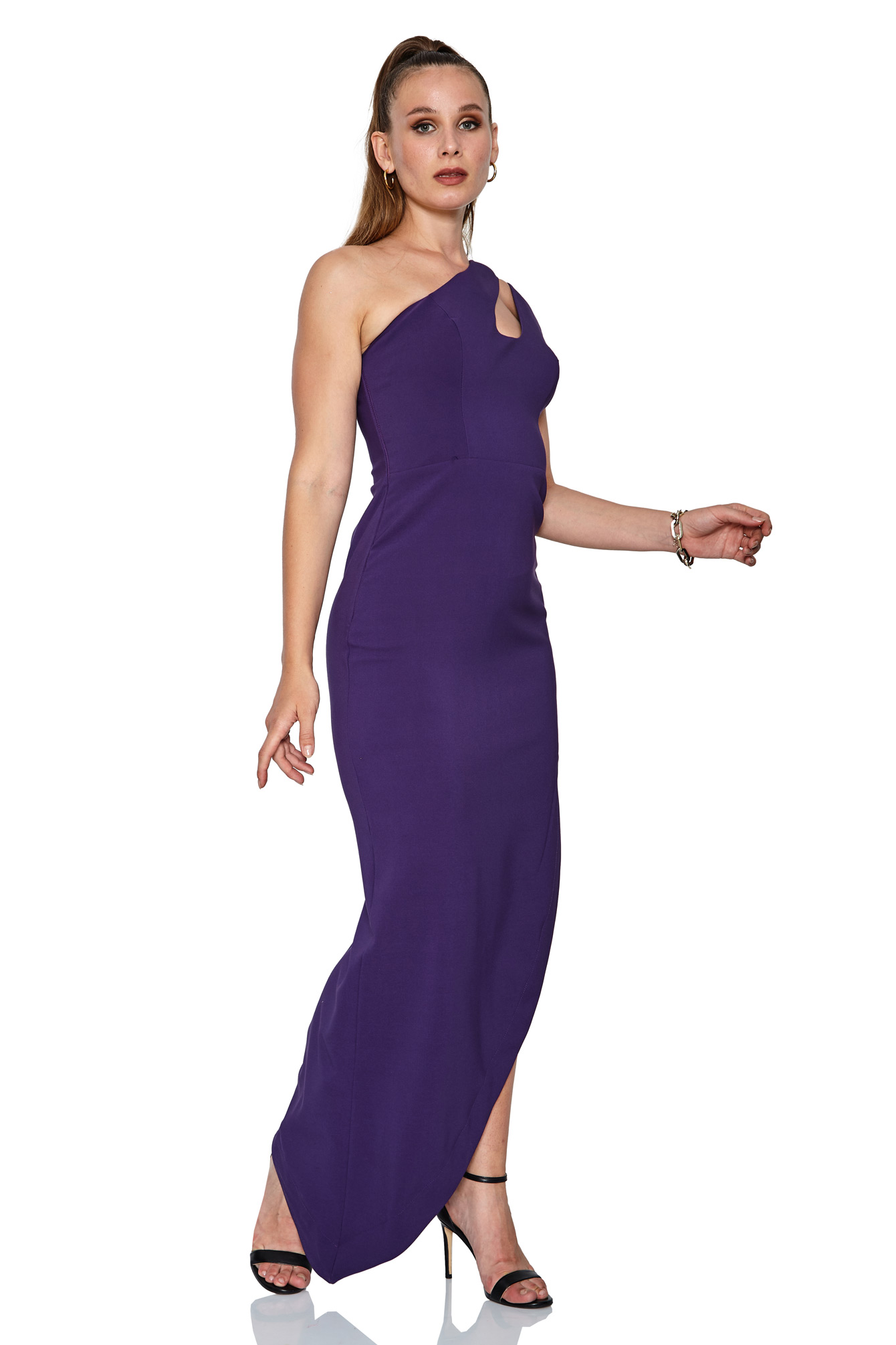 Purple Plus Size Crepe One Arm Uzun Dress