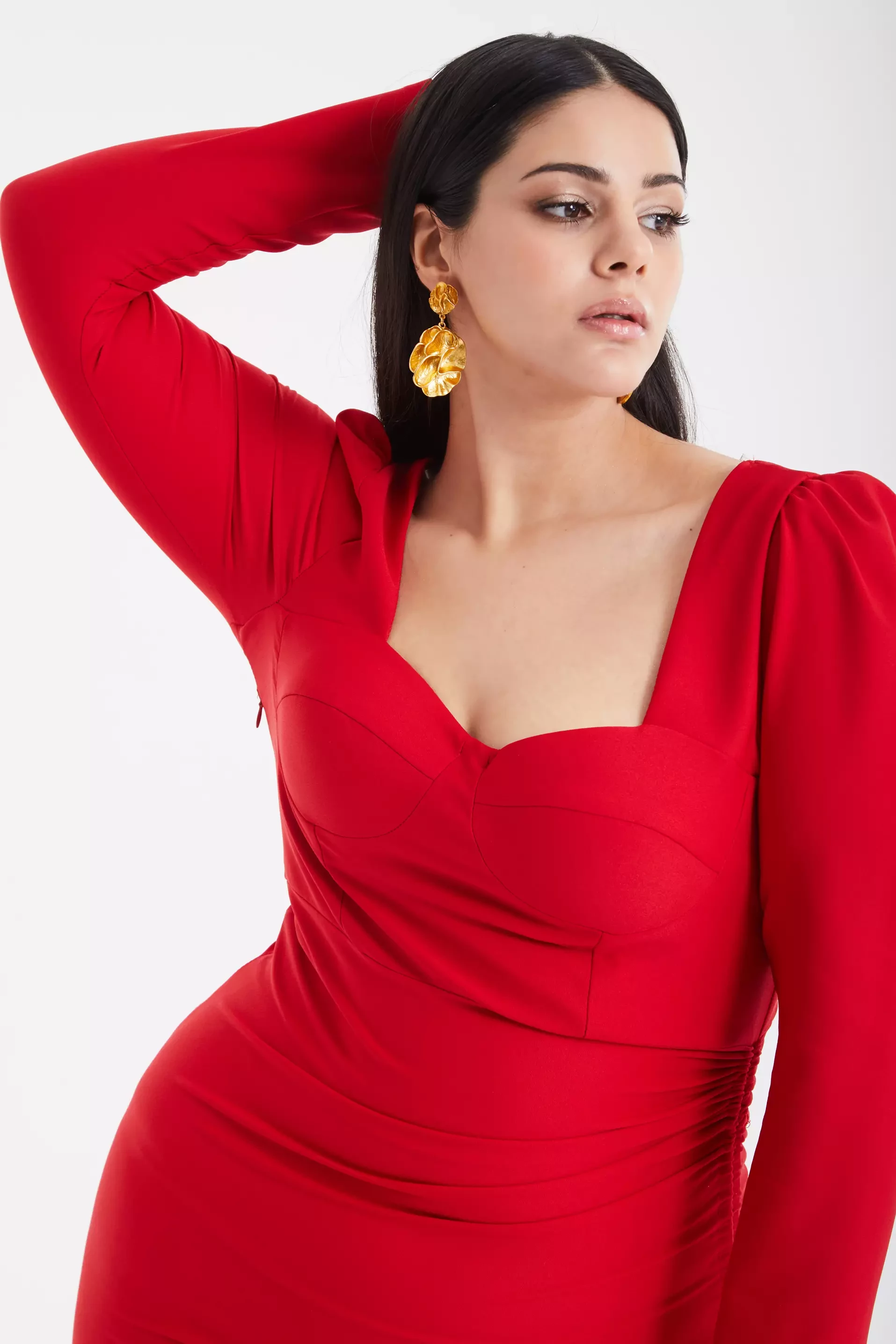 Red Plus Size Crepe Long Sleeve Maxi Dress