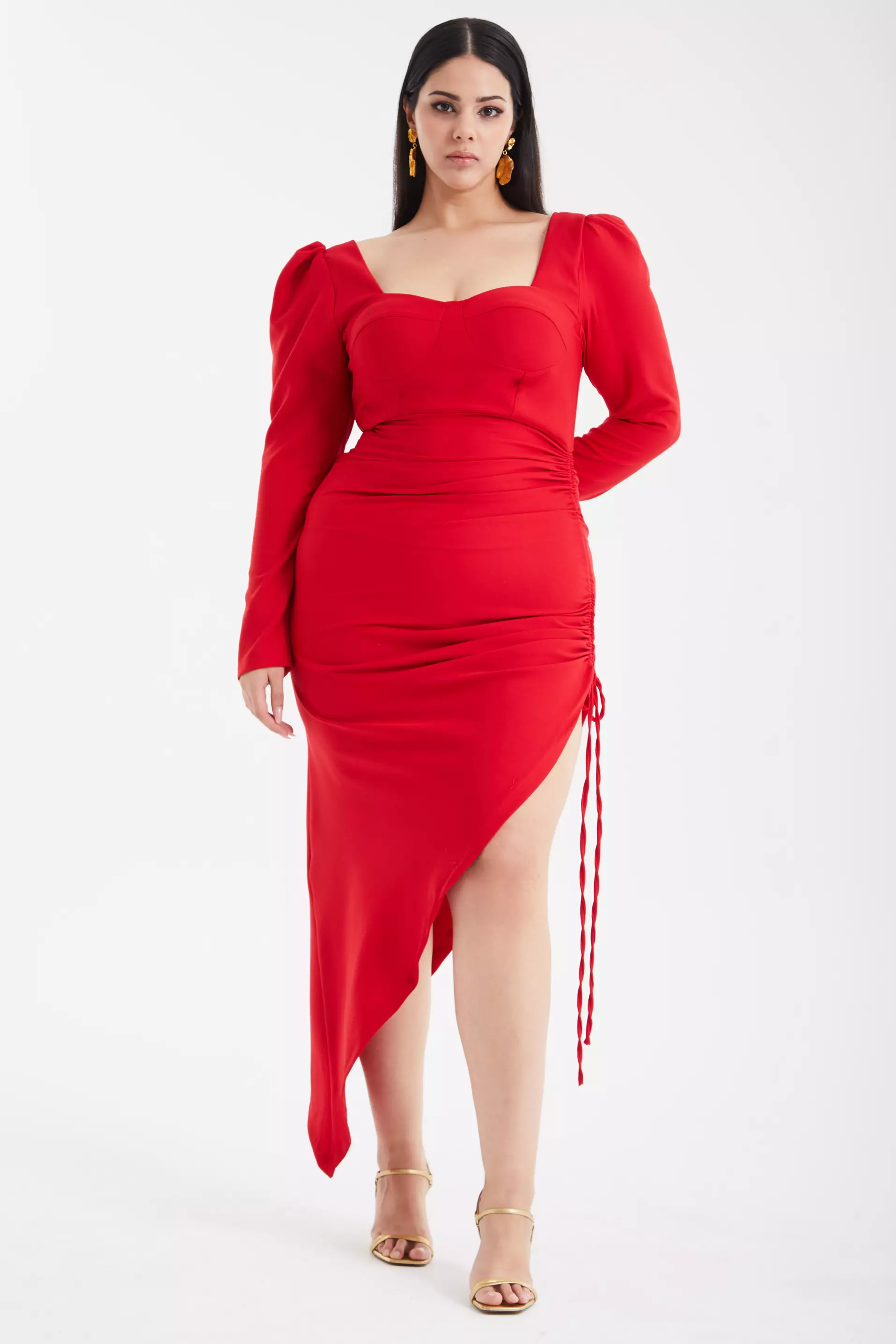 Red Plus Size Crepe Long Sleeve Maxi Dress