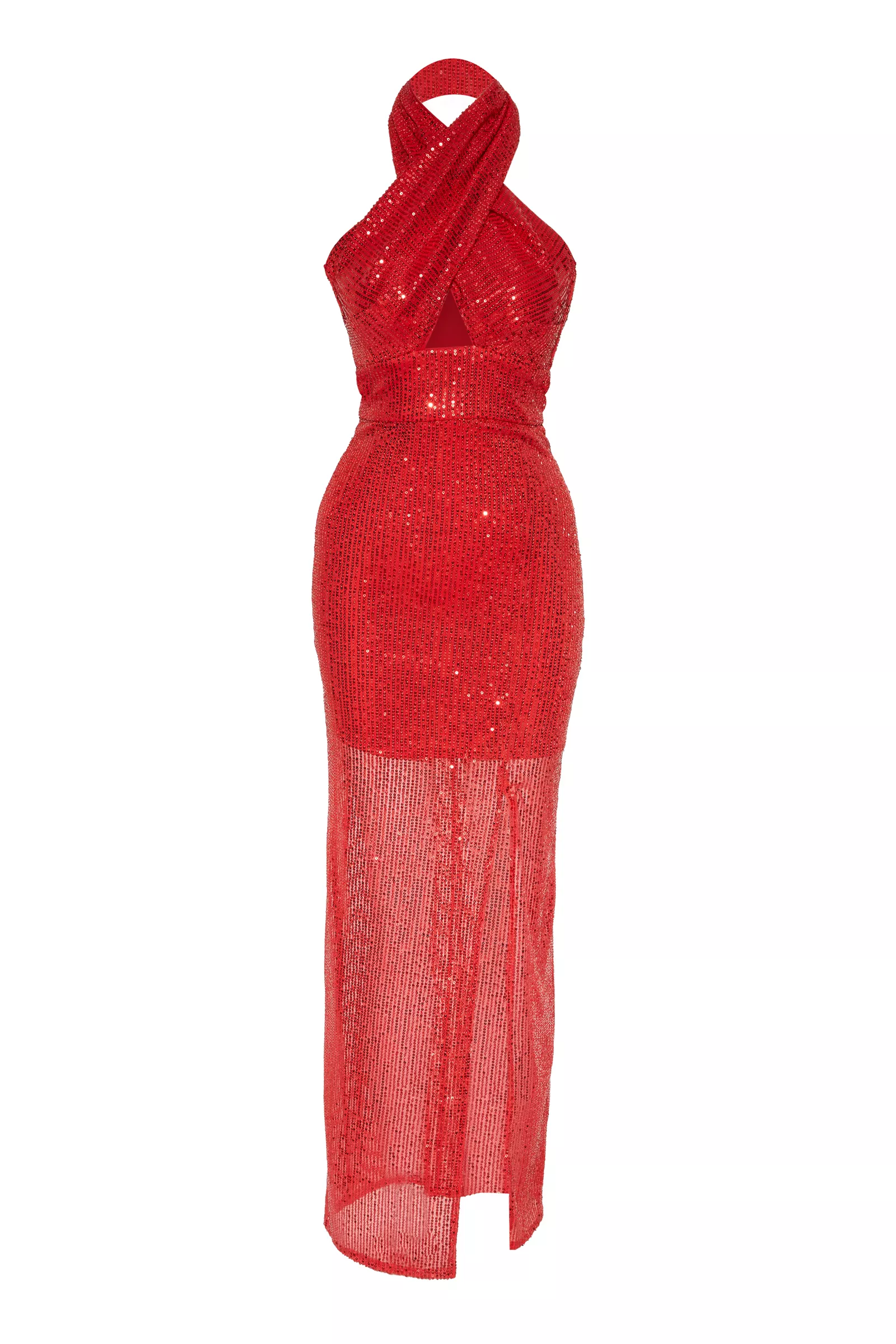 Red Sequined Sleeveless Long Dress