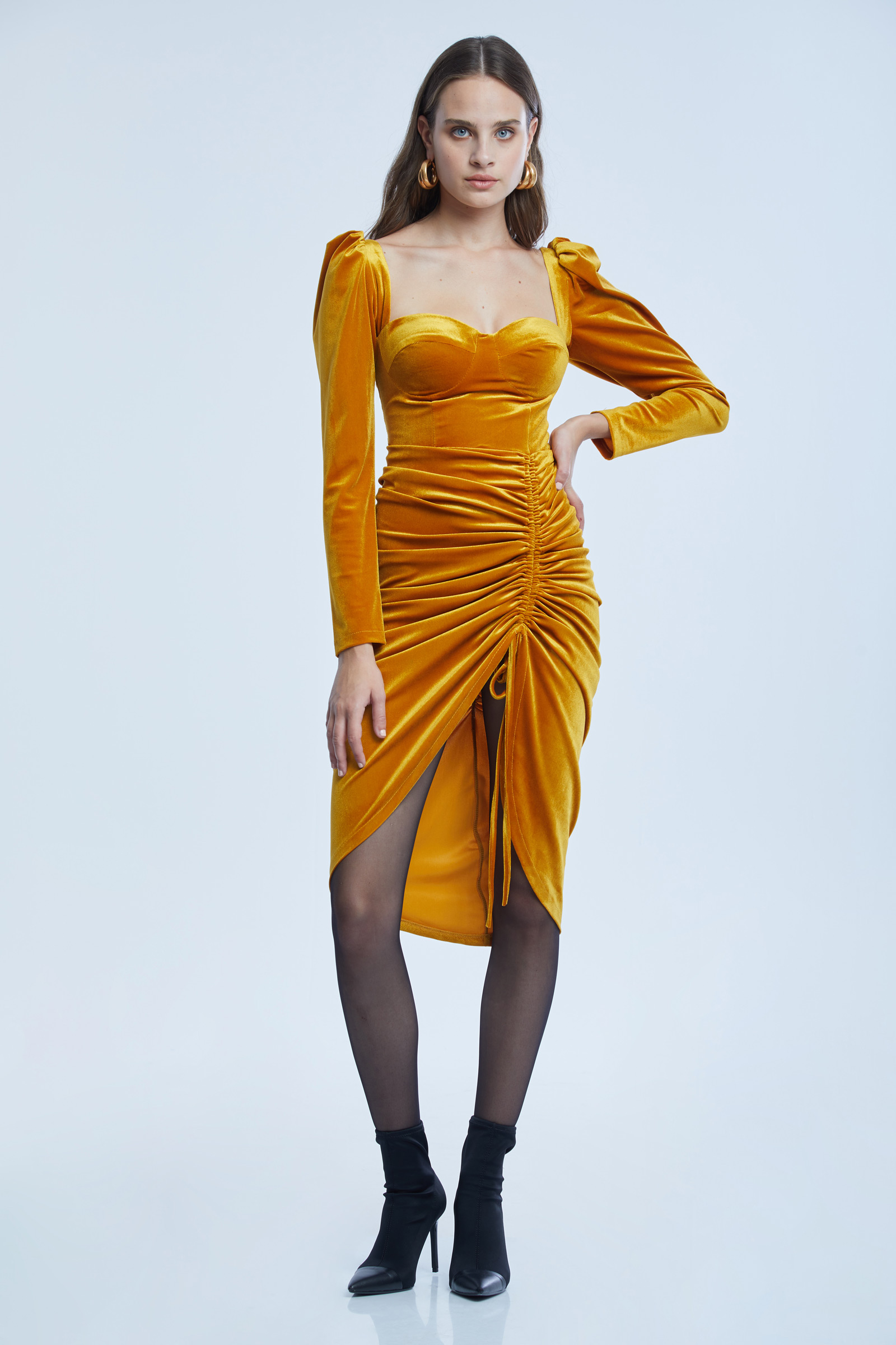 Yellow Velvet Long Sleeve Maxi Dress