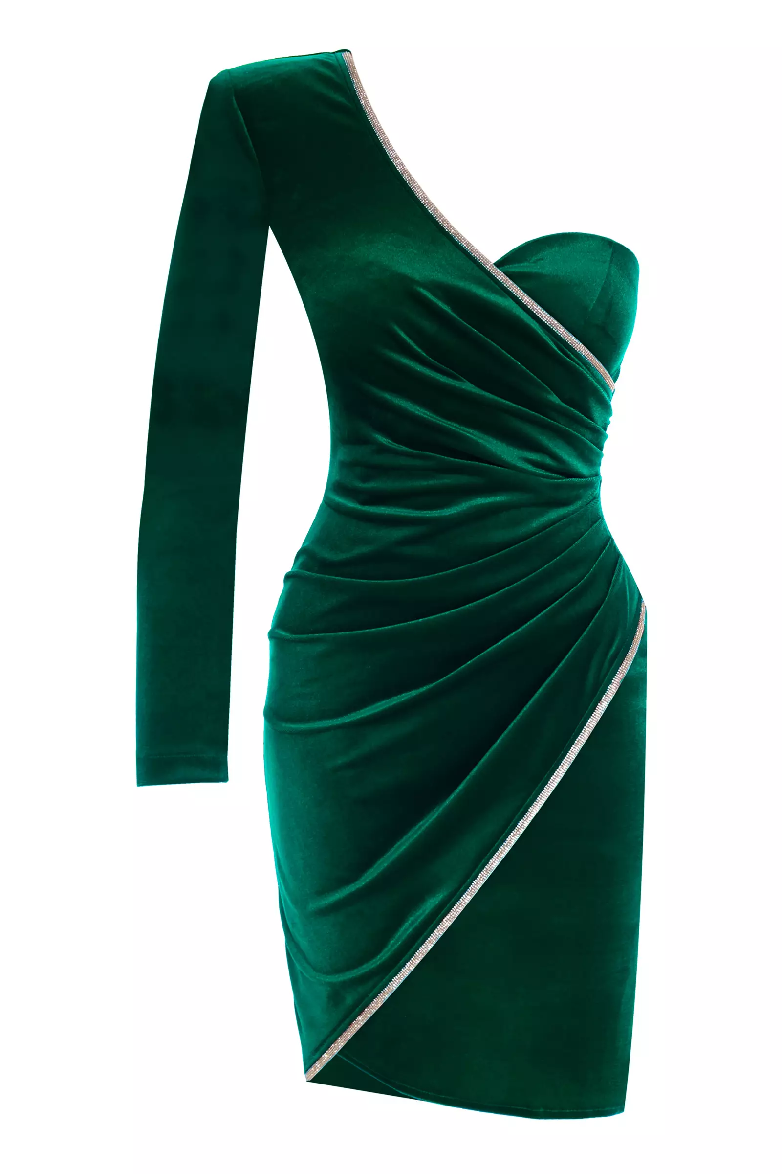 Green velvet one arm mini dress